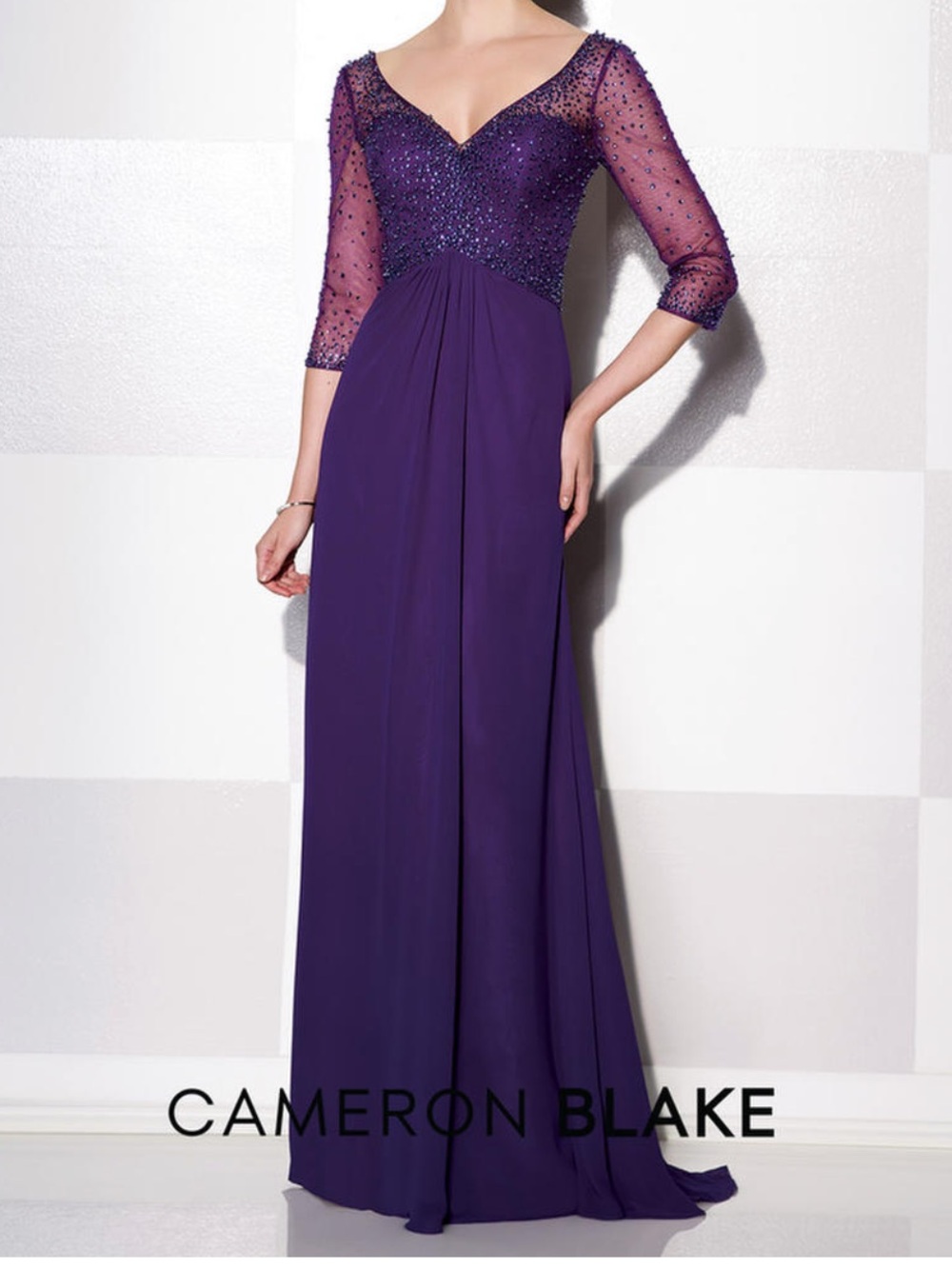 Cameron Blake Purple V-Neck Embellished Evening Gown